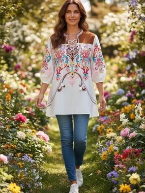 NWT Savanna Jane White Tunic Dress with Multicolor Embroidery Sz SM (oversized)